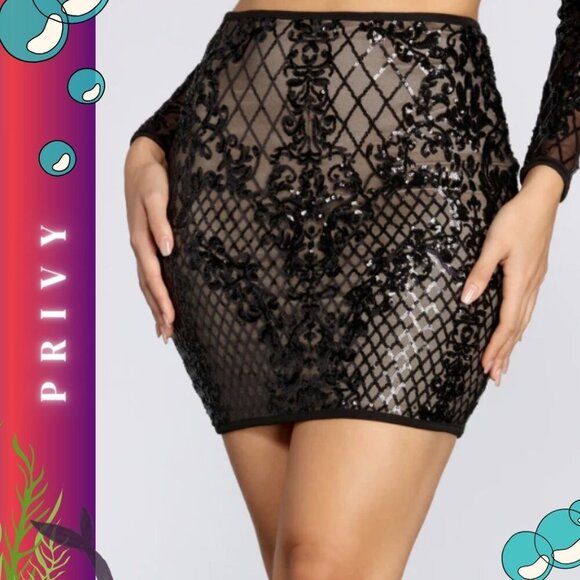 privy Dresses & Skirts - Privy Sequin Adorned Mini black Skirt - High Rise Glam Statement Skirt